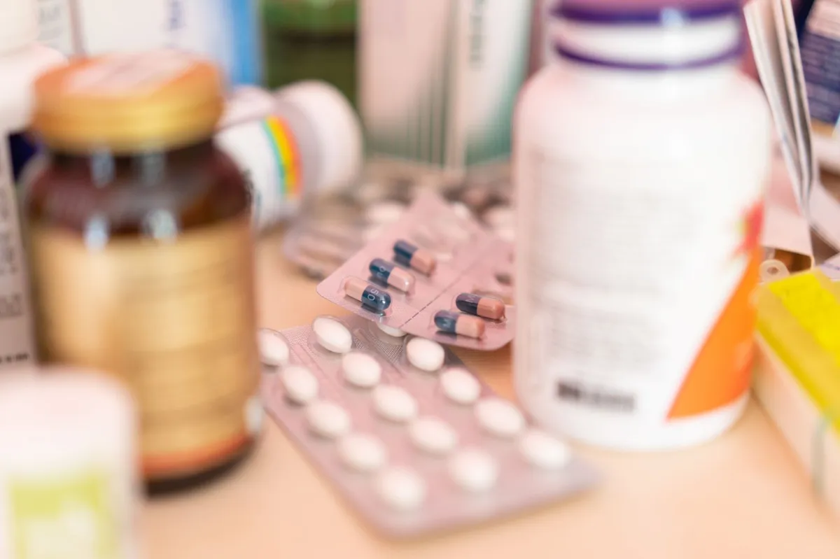 pharmacy counter with prescription drugs