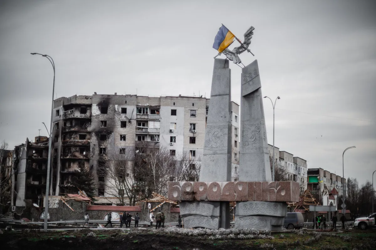 Ukrainian flag in war zone