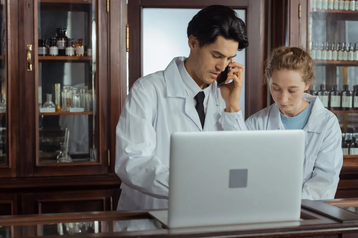 concerned pharmacist at work