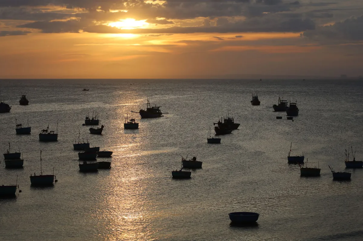 fishing boats at sunset