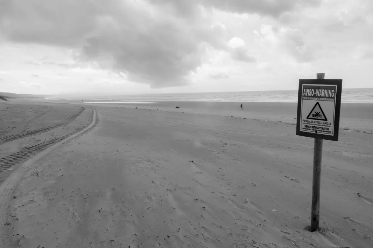 beach scene with warning signs